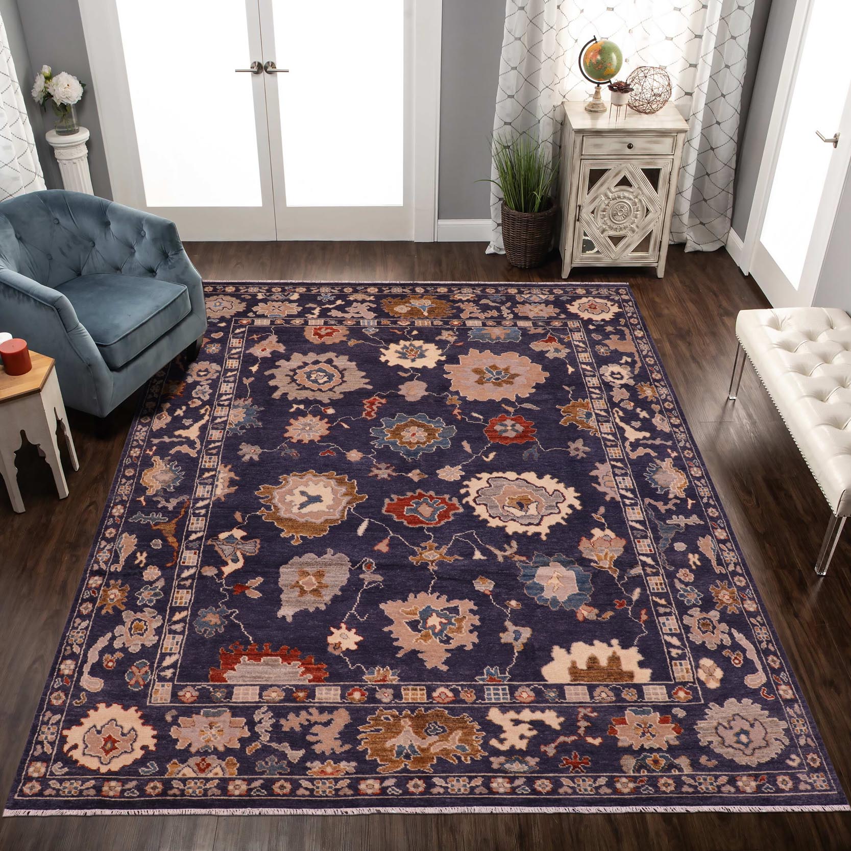 handmade Traditional Oushak Blue Beige Hand Knotted RECTANGLE 100% WOOL area rug 9' x 12'