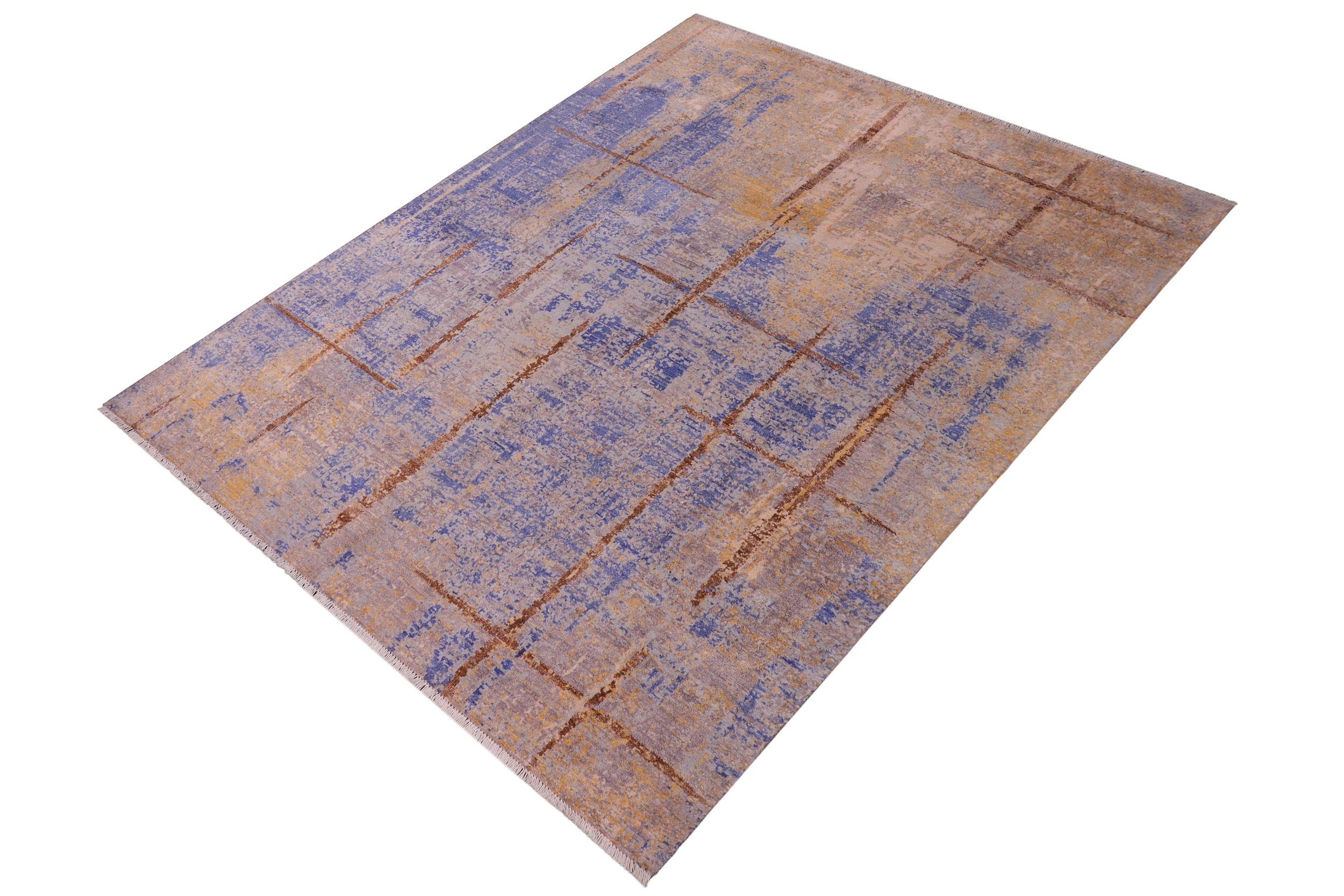 handmade Modern Kafkaz Blue Gold Hand Knotted RECTANGLE BAMBOO SILK area rug 8' x 10'