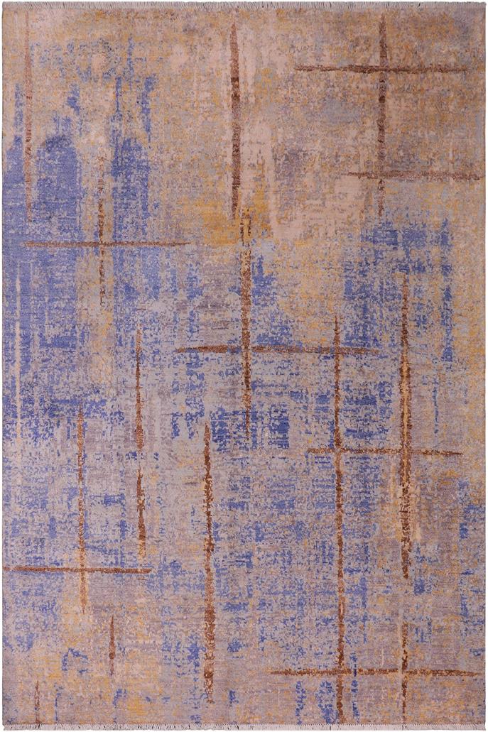 handmade Modern Kafkaz Blue Gold Hand Knotted RECTANGLE BAMBOO SILK area rug 8X10