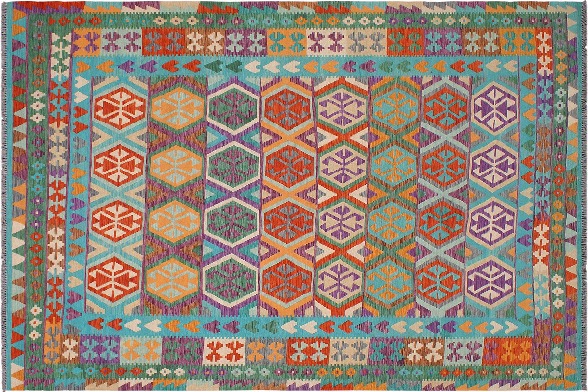 handmade Geometric Kilim Blue Rust Hand-Woven RECTANGLE 100% WOOL area rug 7 x 10