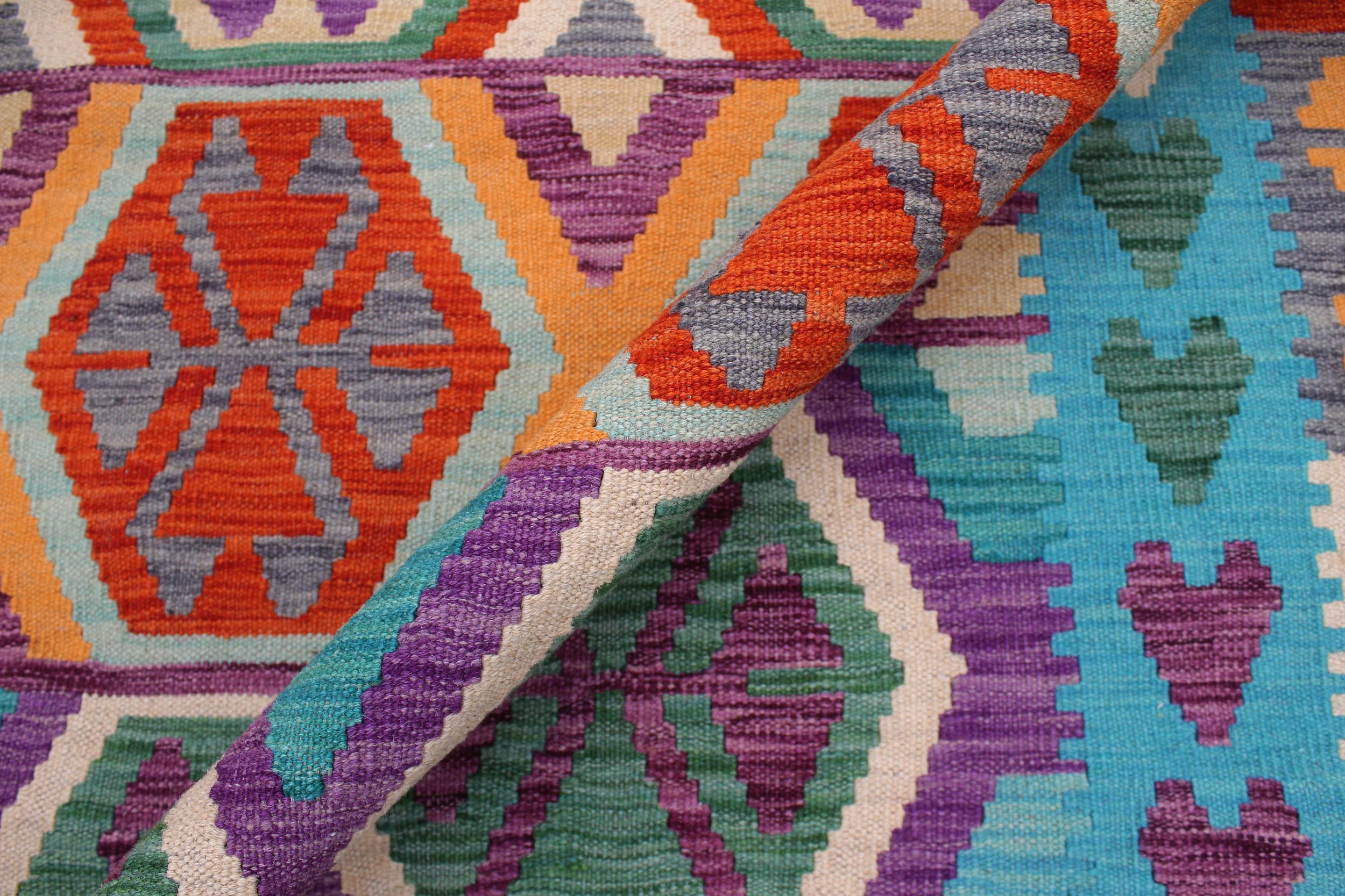 handmade Geometric Kilim Blue Rust Hand-Woven RECTANGLE 100% WOOL area rug 7 x 10