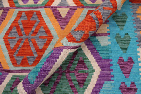 handmade Geometric Kilim Blue Rust Hand-Woven RECTANGLE 100% WOOL area rug 7 x 10