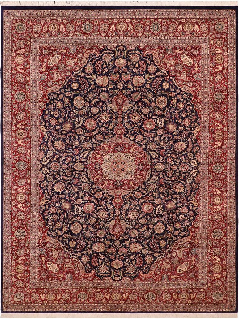 handmade Traditional Kazveen Blue Red Hand Knotted RECTANGLE WOOL&SILK area rug 10x14