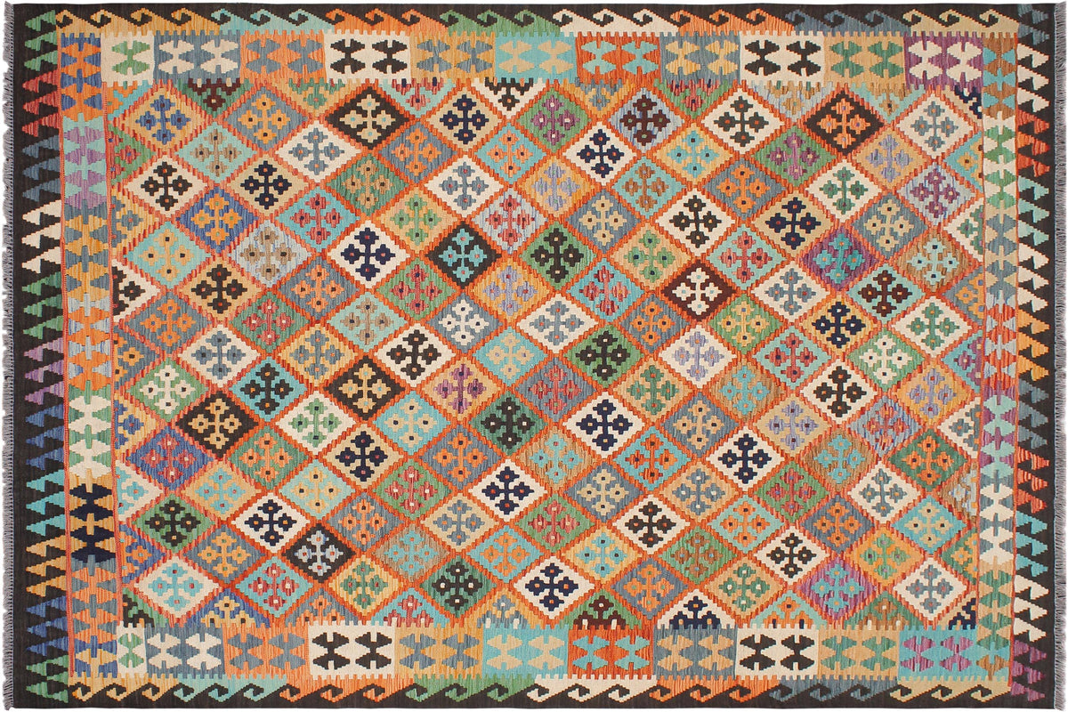 handmade Geometric Kilim Rust Brown Hand-Woven RECTANGLE 100% WOOL area rug 7 x 10