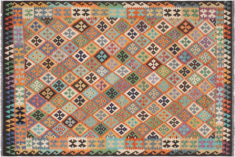 handmade Geometric Kilim Rust Brown Hand-Woven RECTANGLE 100% WOOL area rug 7 x 10