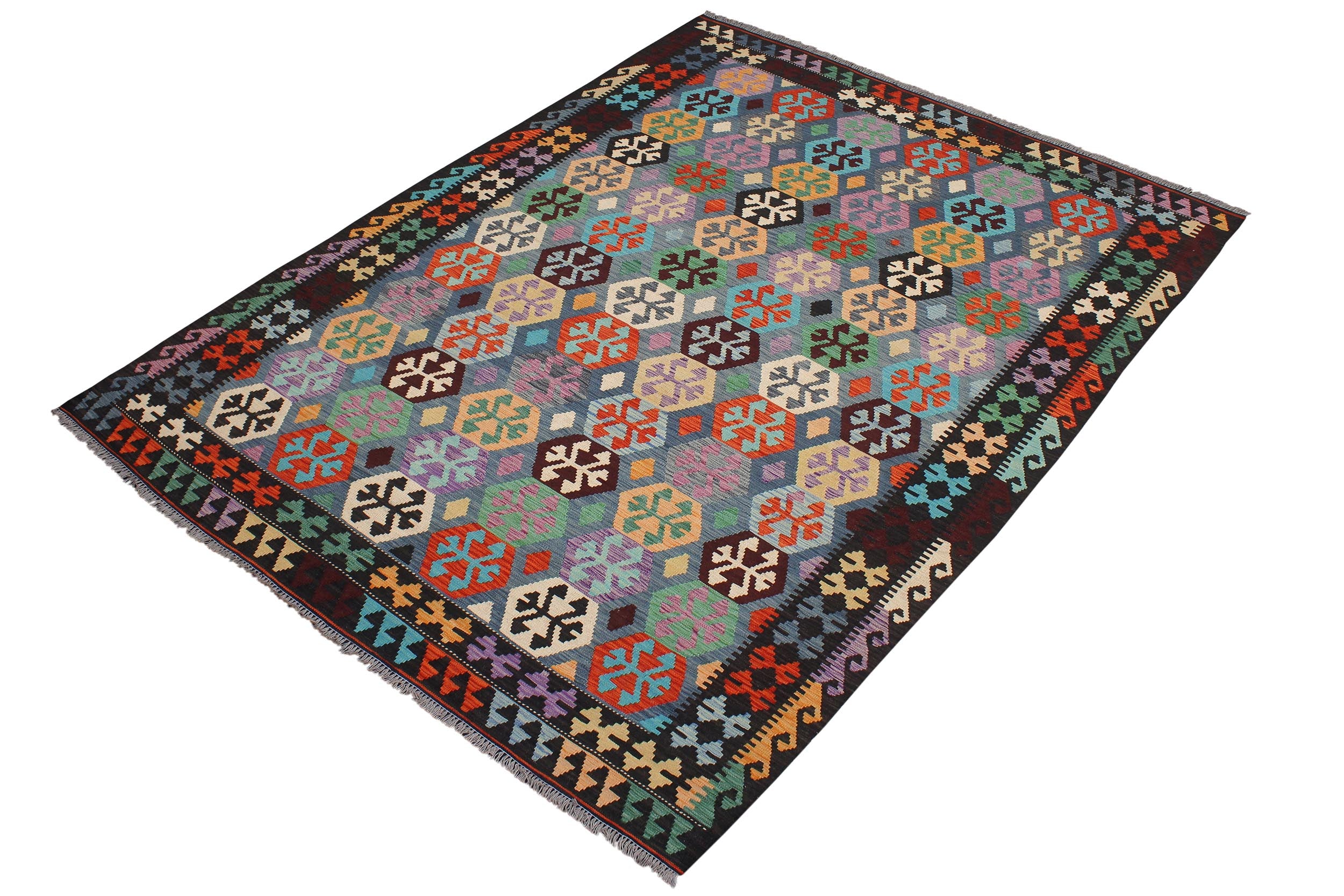 handmade Geometric Kilim Blue Brown Hand-Woven RECTANGLE 100% WOOL area rug 7 x 10