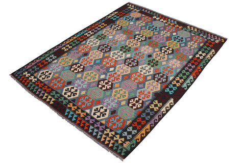 handmade Geometric Kilim Blue Brown Hand-Woven RECTANGLE 100% WOOL area rug 7 x 10