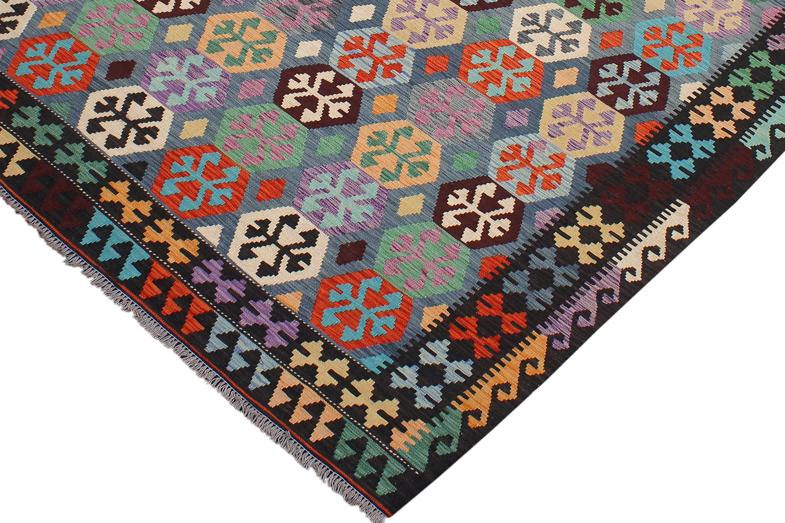 handmade Geometric Kilim Blue Brown Hand-Woven RECTANGLE 100% WOOL area rug 7 x 10