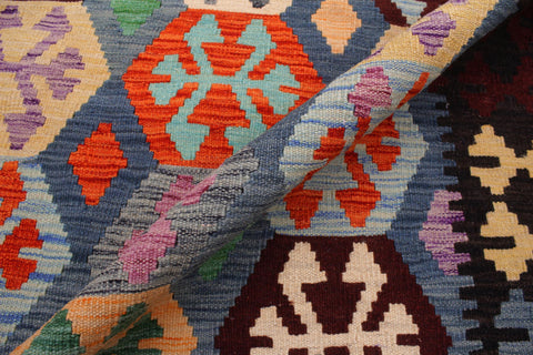 handmade Geometric Kilim Blue Brown Hand-Woven RECTANGLE 100% WOOL area rug 7 x 10