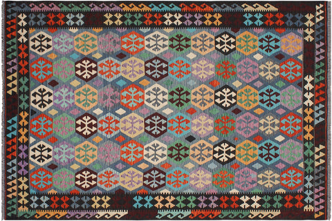 handmade Geometric Kilim Blue Brown Hand-Woven RECTANGLE 100% WOOL area rug 7 x 10