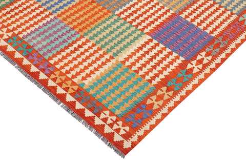 handmade Modern Kilim Blue Rust Hand-Woven RECTANGLE 100% WOOL area rug 7x10