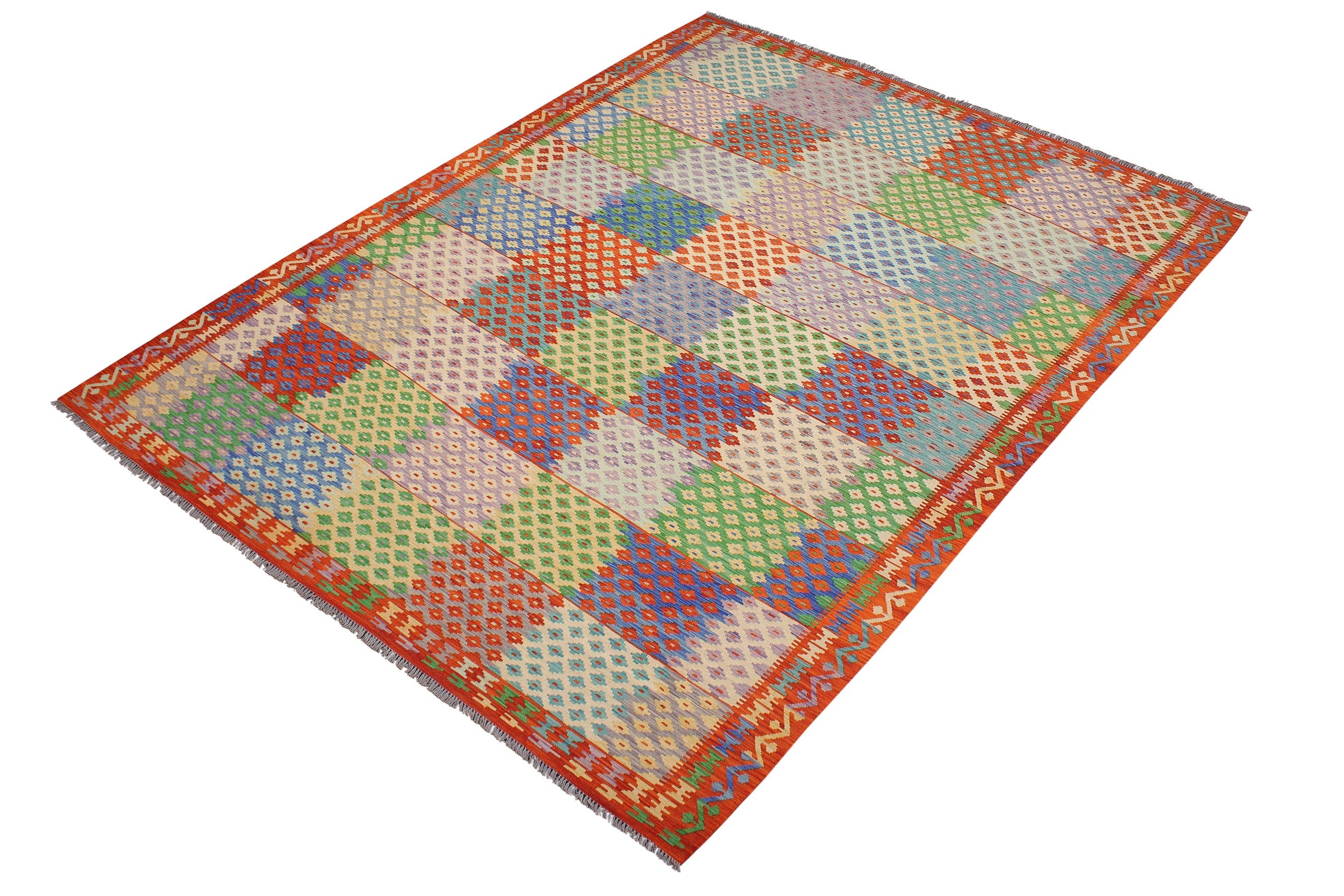 handmade Modern Kilim Blue Rust Hand-Woven RECTANGLE 100% WOOL area rug 8x11