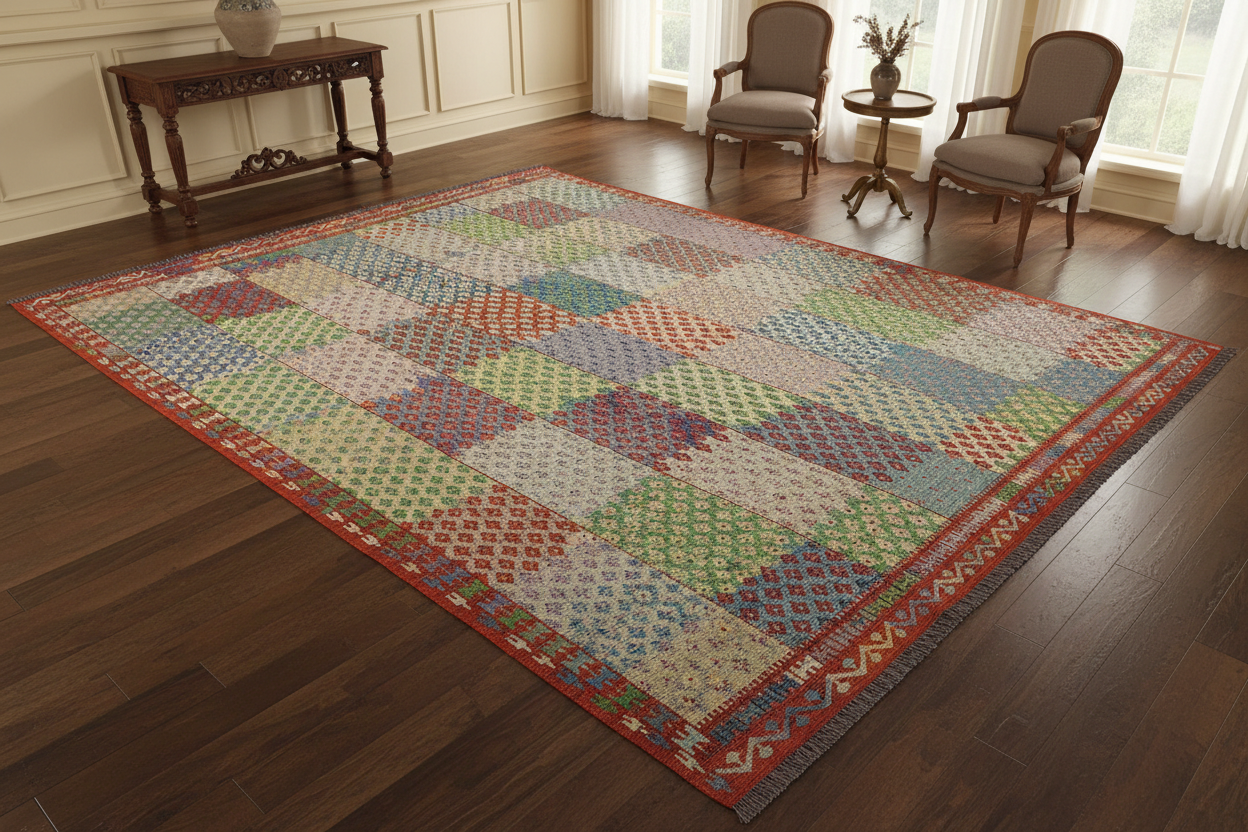 handmade Modern Kilim Blue Rust Hand-Woven RECTANGLE 100% WOOL area rug 8x11