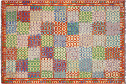 handmade Modern Kilim Blue Rust Hand-Woven RECTANGLE 100% WOOL area rug 8x11