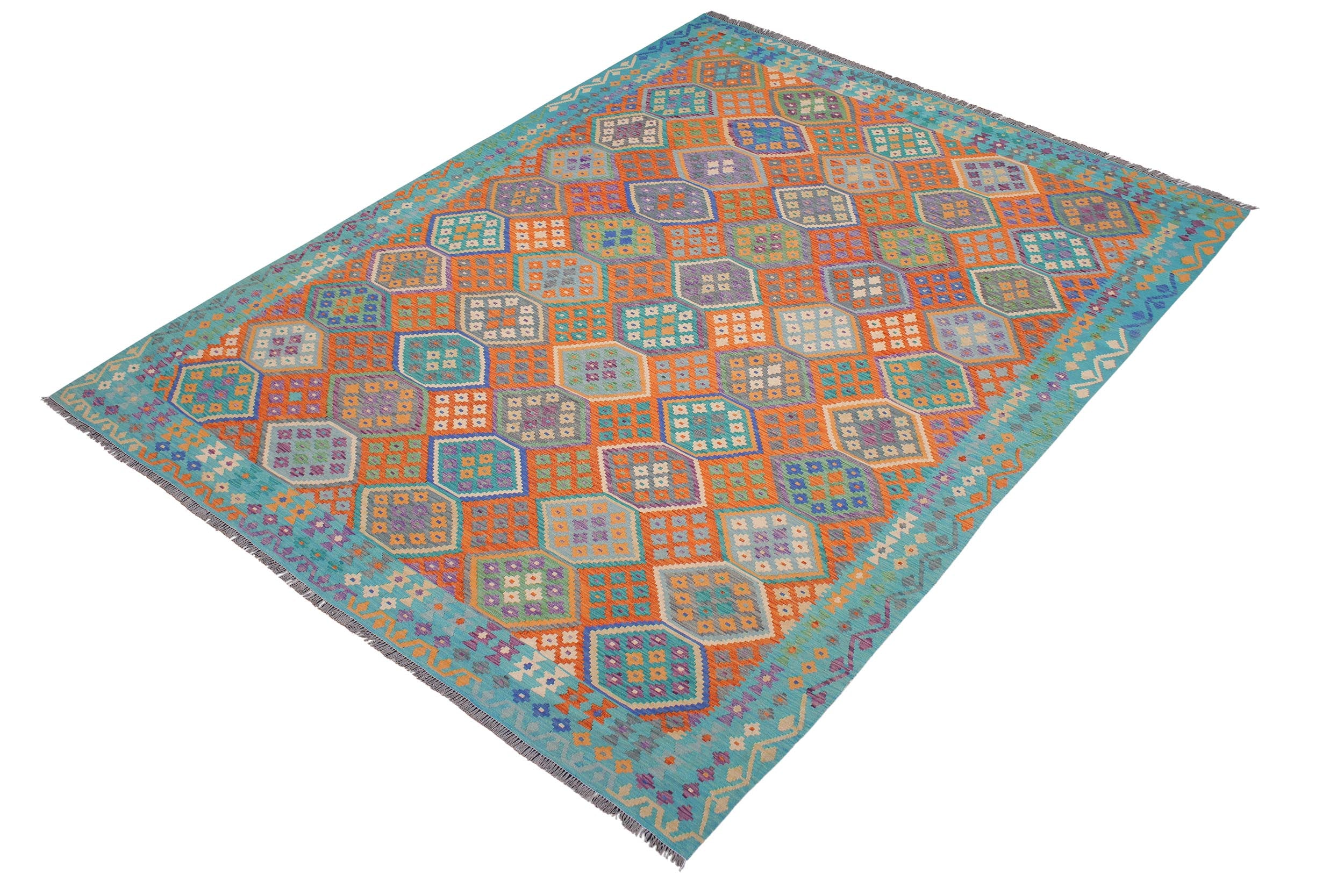 handmade Geometric Kilim Rust Blue Hand-Woven RECTANGLE 100% WOOL area rug 9 x 11