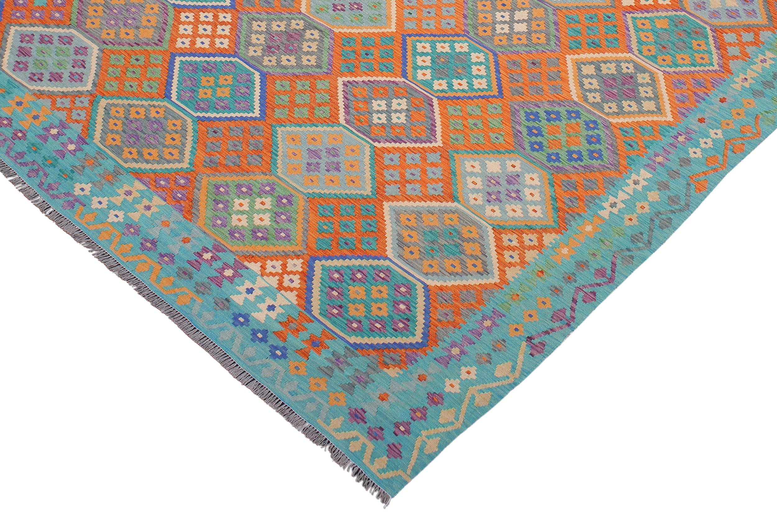 handmade Geometric Kilim Rust Blue Hand-Woven RECTANGLE 100% WOOL area rug 9 x 11