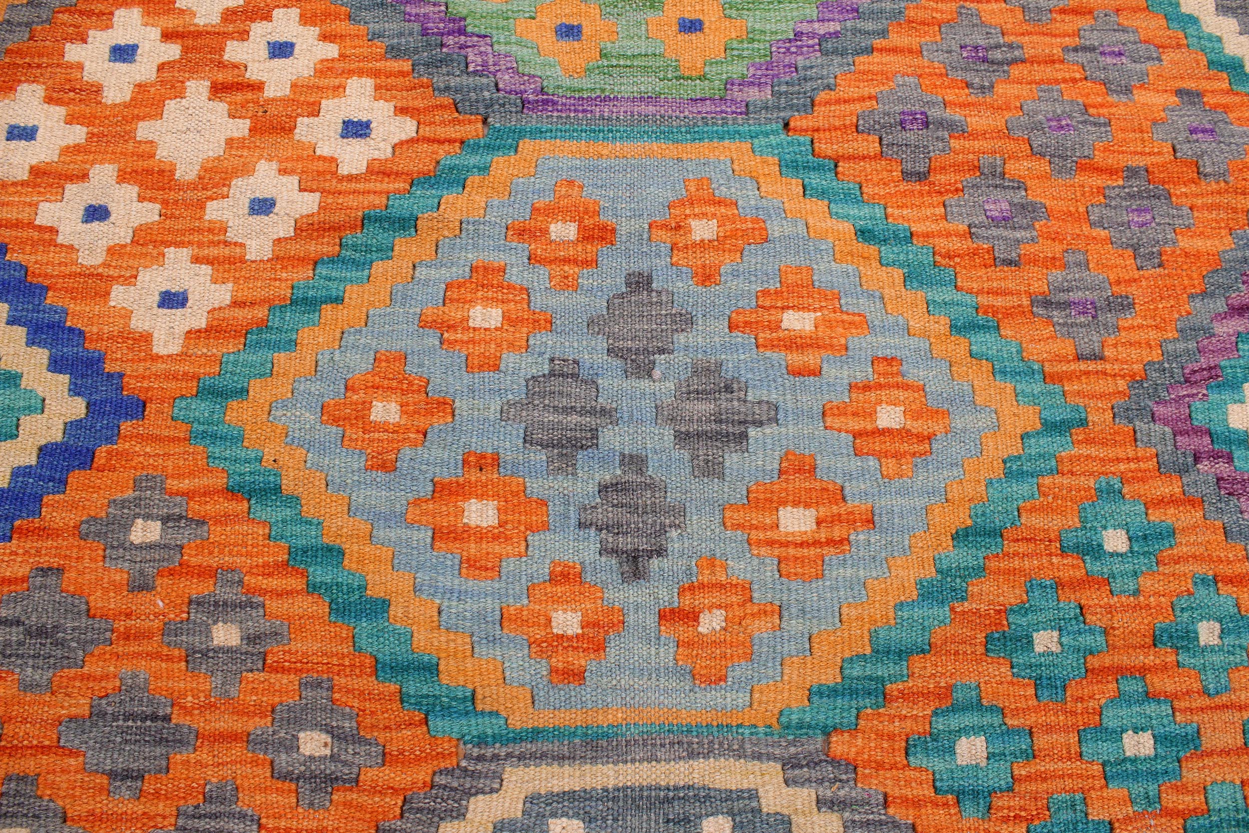 handmade Geometric Kilim Rust Blue Hand-Woven RECTANGLE 100% WOOL area rug 9 x 11