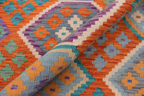 handmade Geometric Kilim Rust Blue Hand-Woven RECTANGLE 100% WOOL area rug 9 x 11
