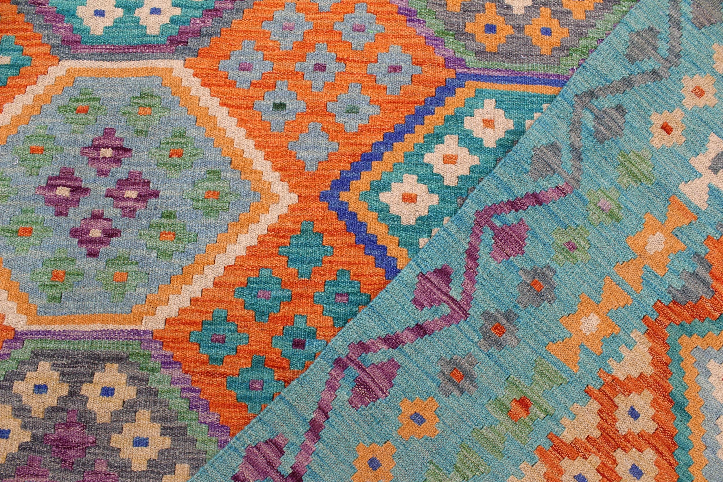 handmade Geometric Kilim Rust Blue Hand-Woven RECTANGLE 100% WOOL area rug 9 x 11