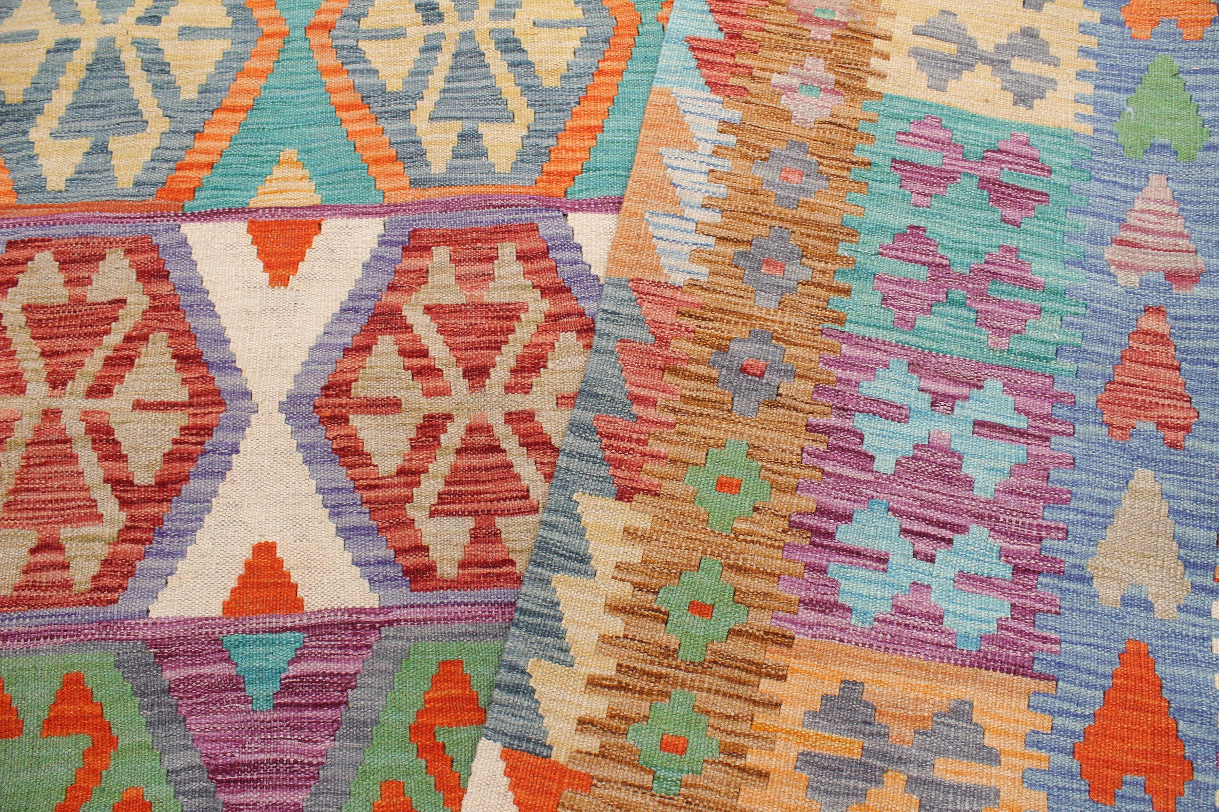 handmade Geometric Kilim Red Blue Hand-Woven RECTANGLE 100% WOOL area rug 7 x 10