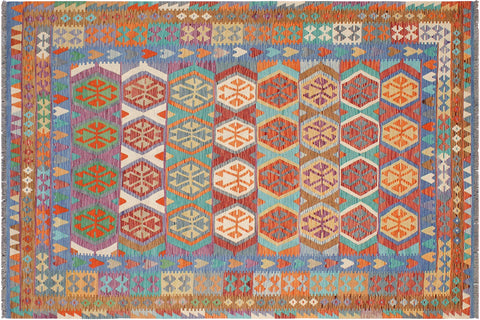 handmade Geometric Kilim Red Blue Hand-Woven RECTANGLE 100% WOOL area rug 7 x 10