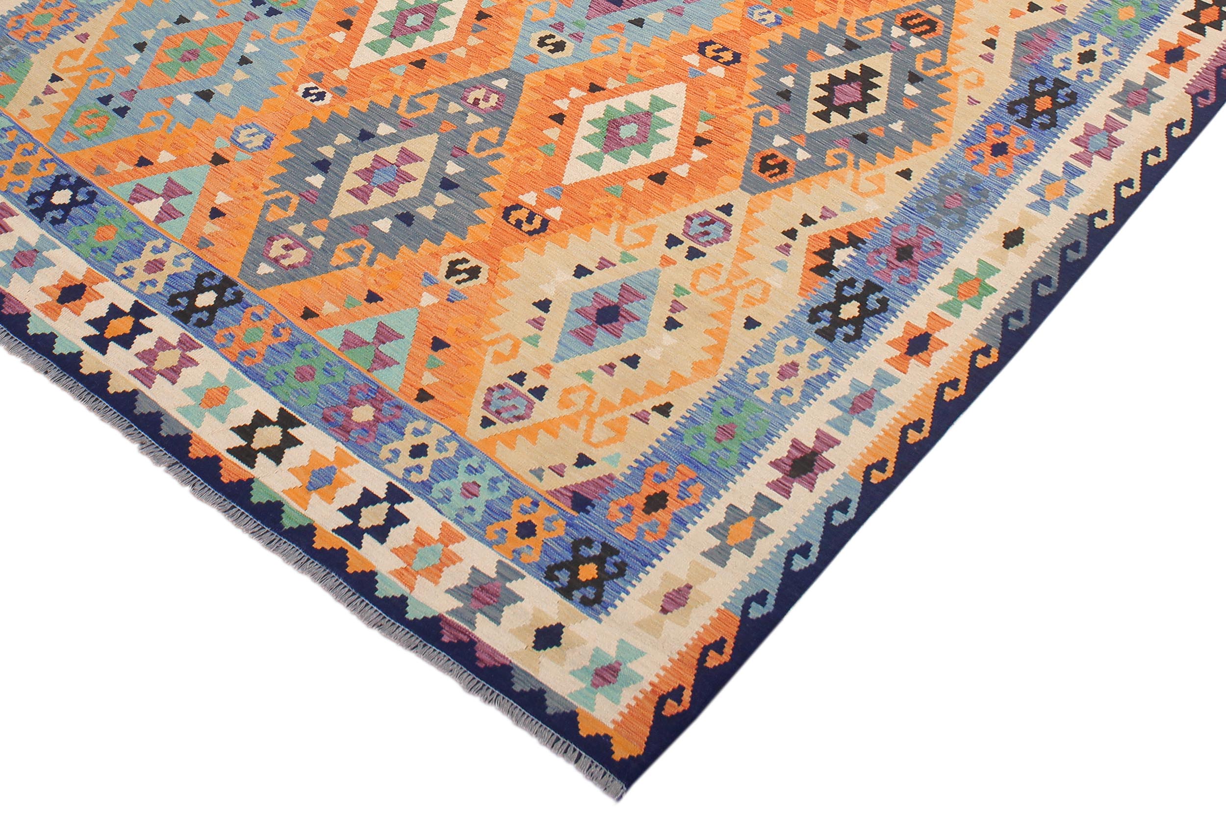 handmade Geometric Kilim Rust Blue Hand-Woven RECTANGLE 100% WOOL area rug 8 x 10