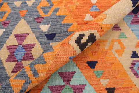 handmade Geometric Kilim Rust Blue Hand-Woven RECTANGLE 100% WOOL area rug 8 x 10