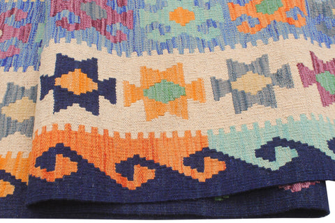 handmade Geometric Kilim Rust Blue Hand-Woven RECTANGLE 100% WOOL area rug 8 x 10