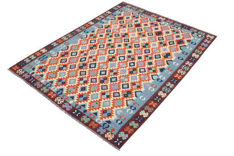 handmade Geometric Kilim Beige Blue Hand-Woven RECTANGLE 100% WOOL area rug 7 x 10