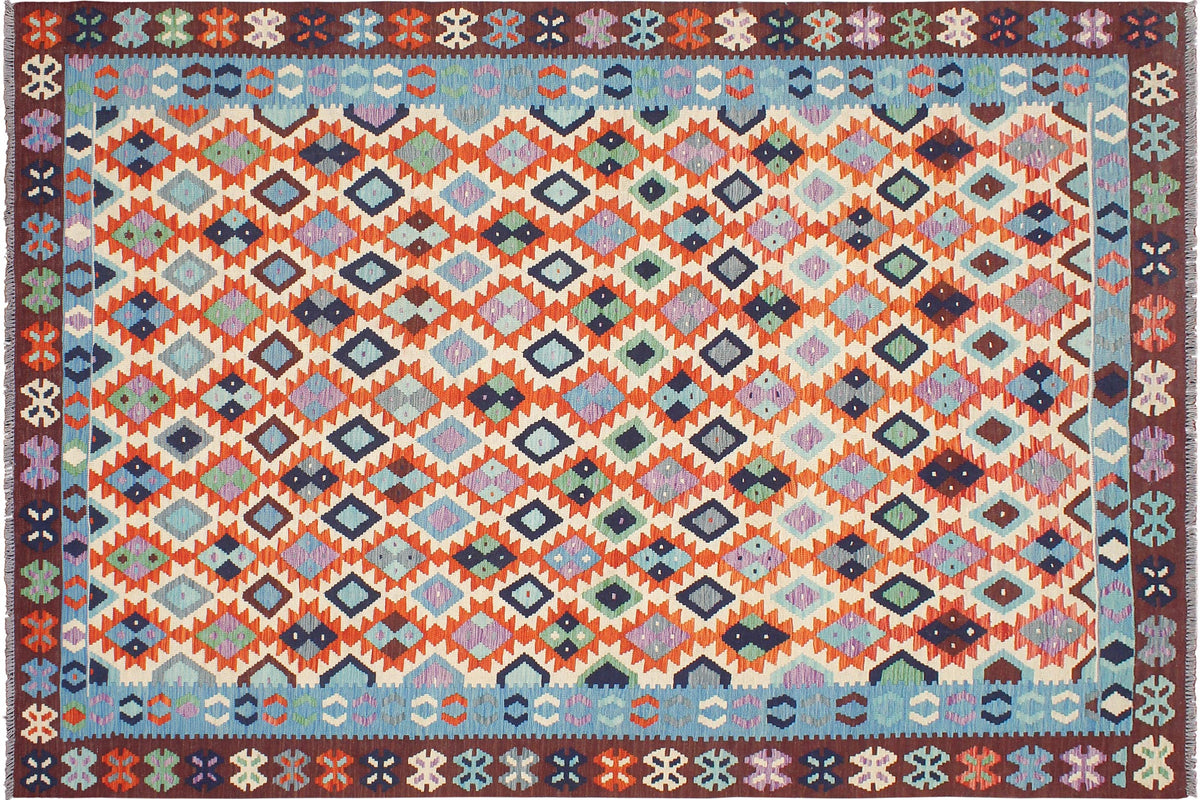 handmade Geometric Kilim Beige Blue Hand-Woven RECTANGLE 100% WOOL area rug 7 x 10