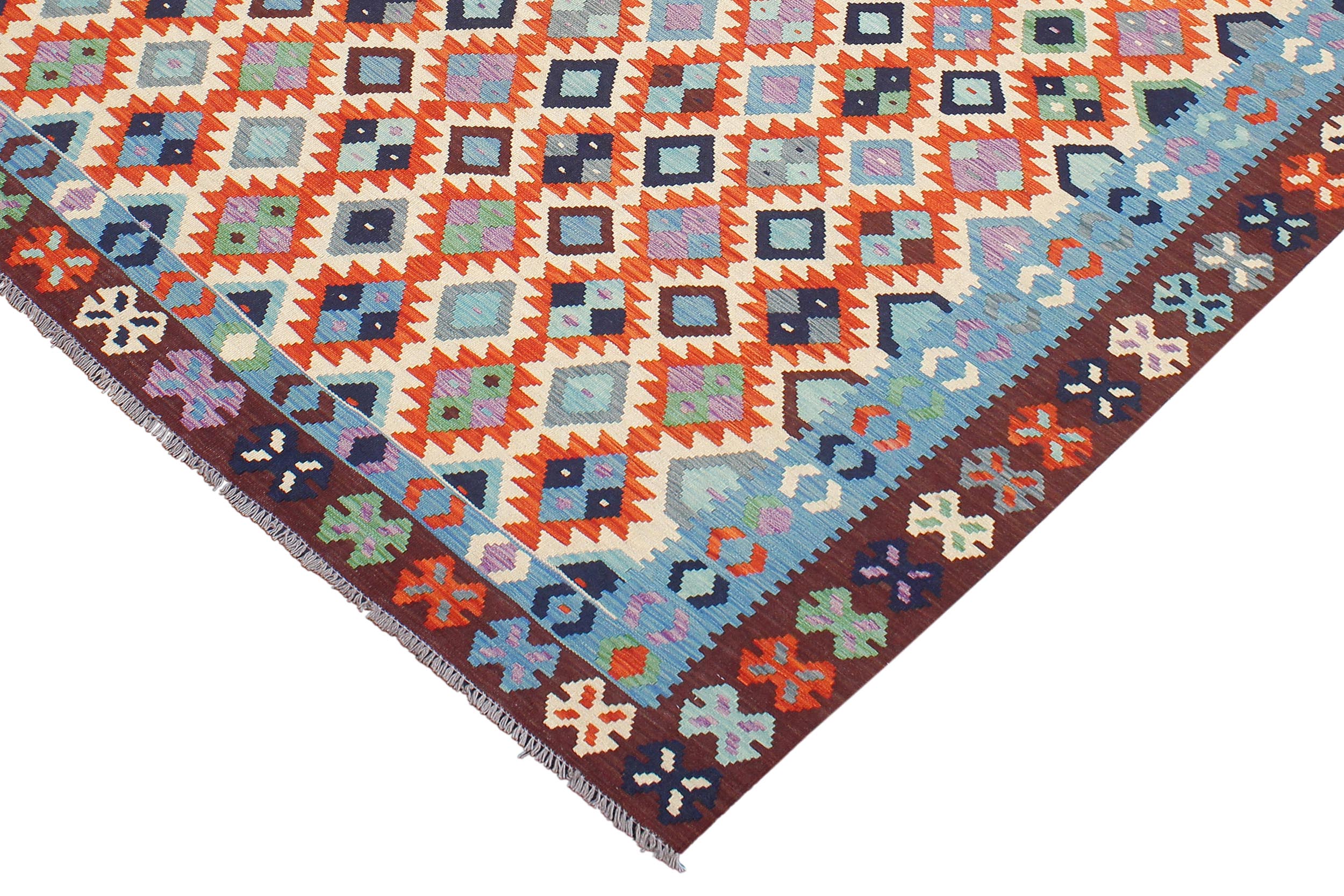 handmade Geometric Kilim Beige Blue Hand-Woven RECTANGLE 100% WOOL area rug 7 x 10