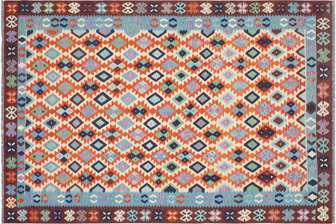 handmade Geometric Kilim Beige Blue Hand-Woven RECTANGLE 100% WOOL area rug 7 x 10