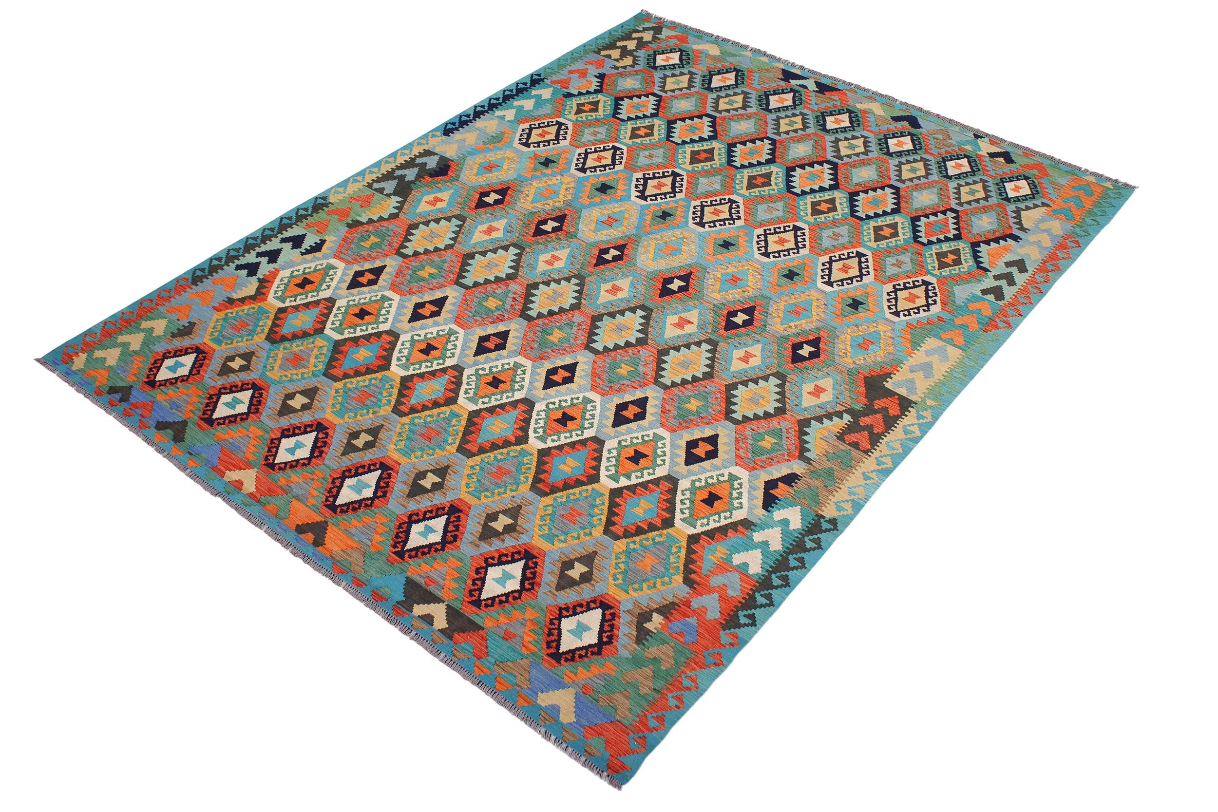 handmade Geometric Kilim Blue Rust Hand-Woven RECTANGLE 100% WOOL area rug 8 x 11