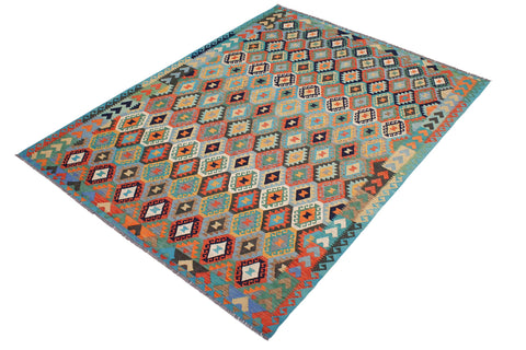 handmade Geometric Kilim Blue Rust Hand-Woven RECTANGLE 100% WOOL area rug 8 x 11