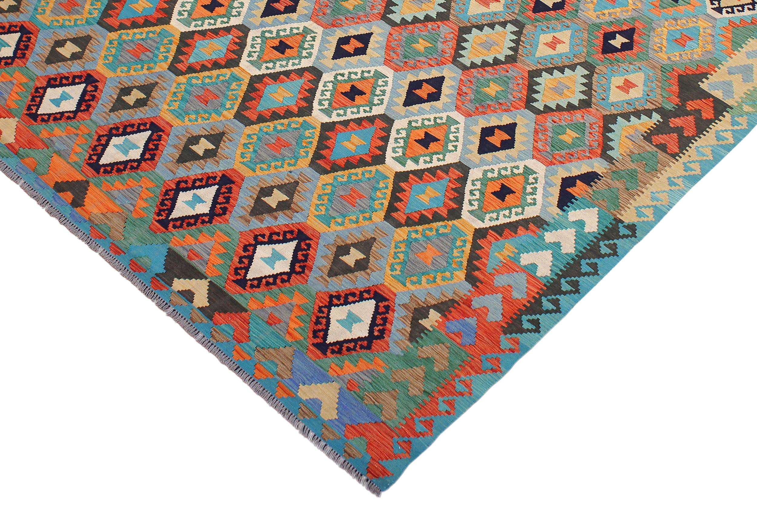 handmade Geometric Kilim Blue Rust Hand-Woven RECTANGLE 100% WOOL area rug 8 x 11