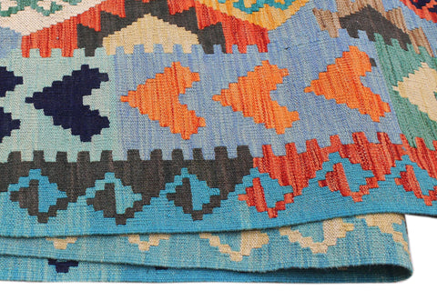 handmade Geometric Kilim Blue Rust Hand-Woven RECTANGLE 100% WOOL area rug 8 x 11