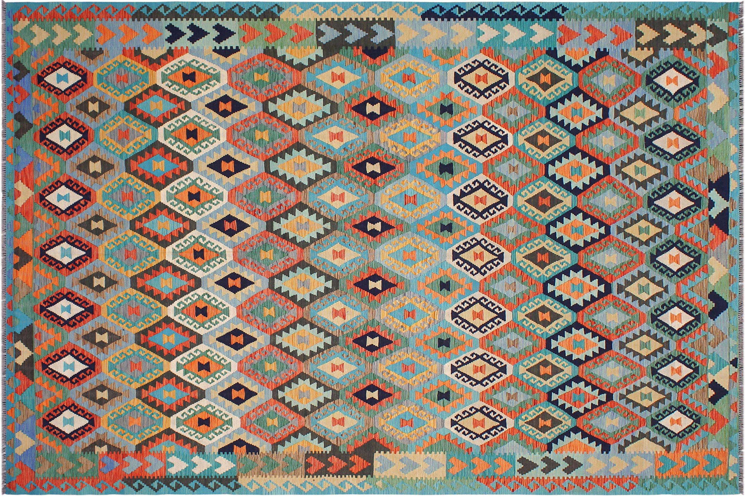 handmade Geometric Kilim Blue Rust Hand-Woven RECTANGLE 100% WOOL area rug 8 x 11