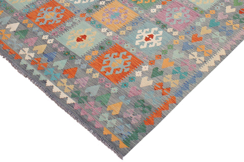 handmade Geometric Kilim Gray Blue Hand-Woven RECTANGLE 100% WOOL area rug 7 x 10