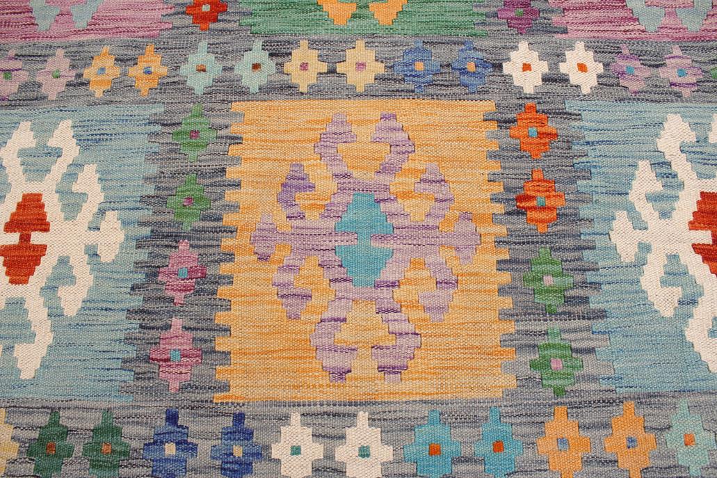 Flat Weave Kilim Antique Navaho Vintage handmade Geometric Kilim Gray Blue Hand-Woven Rectangle 100% Wool Area Rug 7x10 