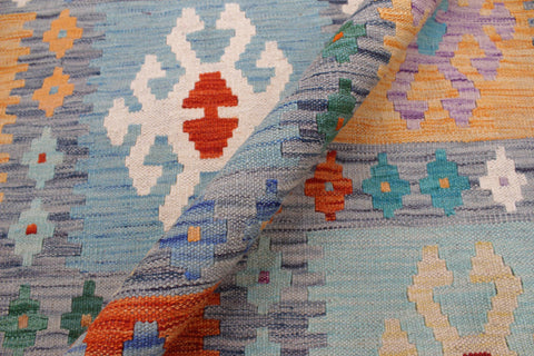handmade Geometric Kilim Gray Blue Hand-Woven RECTANGLE 100% WOOL area rug 7 x 10