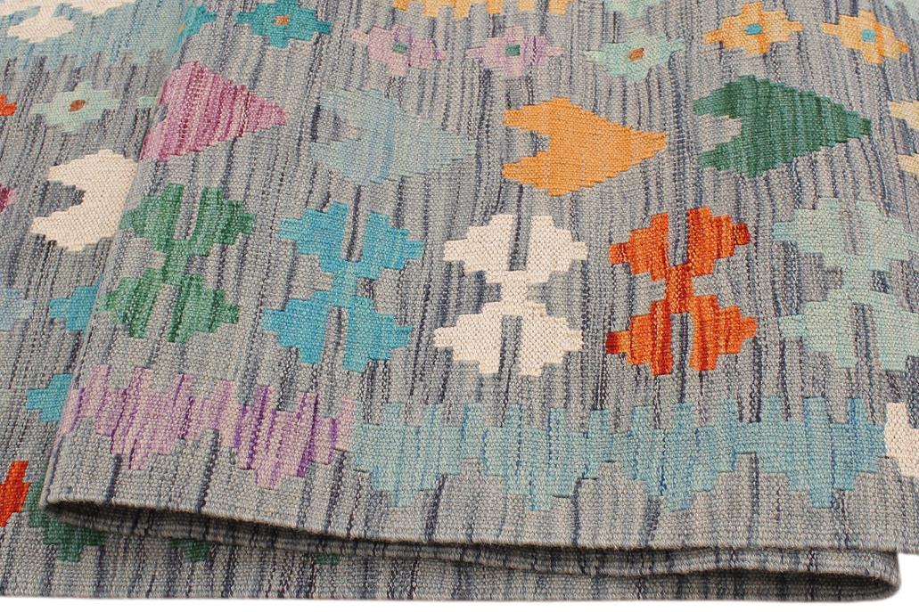 Flat Weave Kilim Antique Navaho Vintage handmade Geometric Kilim Gray Blue Hand-Woven Rectangle 100% Wool Area Rug 7x10 