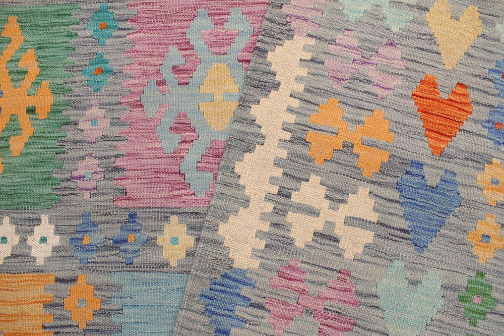 Flat Weave Kilim Antique Navaho Vintage handmade Geometric Kilim Gray Blue Hand-Woven Rectangle 100% Wool Area Rug 7x10 