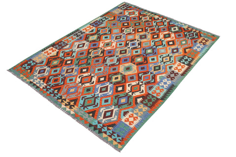 handmade Geometric Kilim Rust Blue Hand-Woven RECTANGLE 100% WOOL area rug 7 x 10