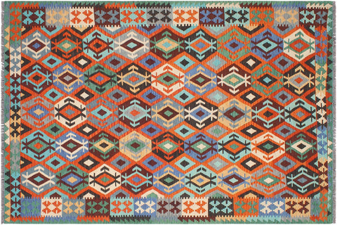 handmade Geometric Kilim Rust Blue Hand-Woven RECTANGLE 100% WOOL area rug 7 x 10