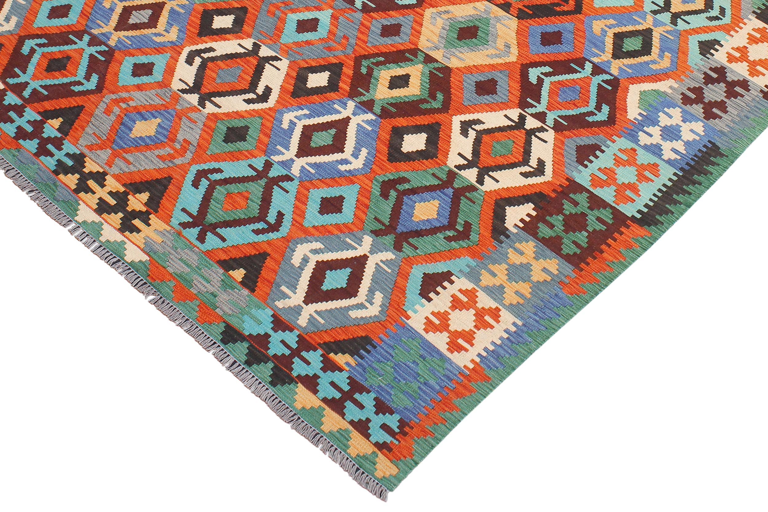 handmade Geometric Kilim Rust Blue Hand-Woven RECTANGLE 100% WOOL area rug 7 x 10
