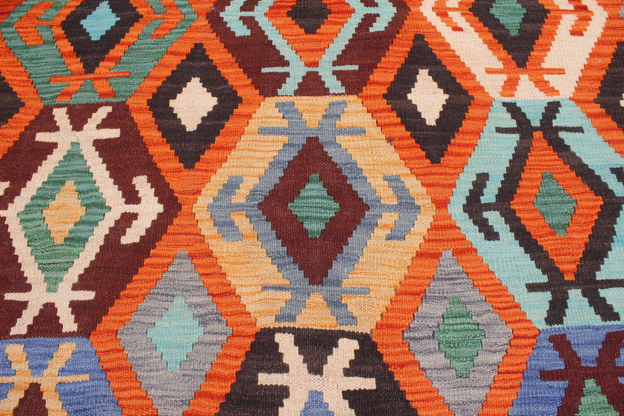 handmade Geometric Kilim Rust Blue Hand-Woven RECTANGLE 100% WOOL area rug 7 x 10