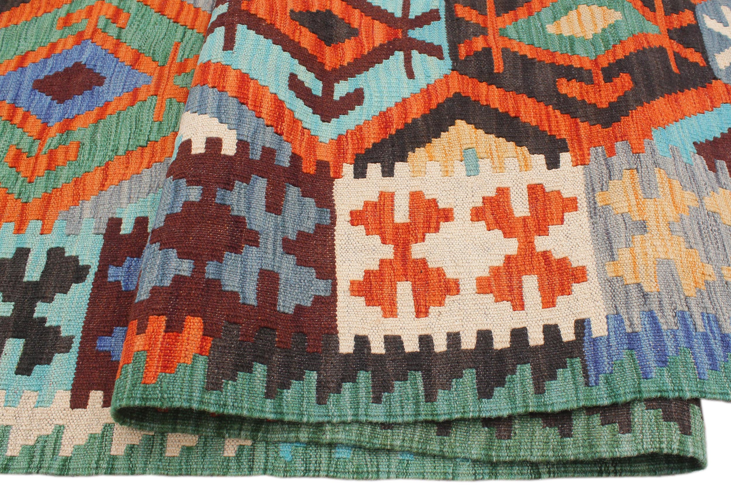 handmade Geometric Kilim Rust Blue Hand-Woven RECTANGLE 100% WOOL area rug 7 x 10