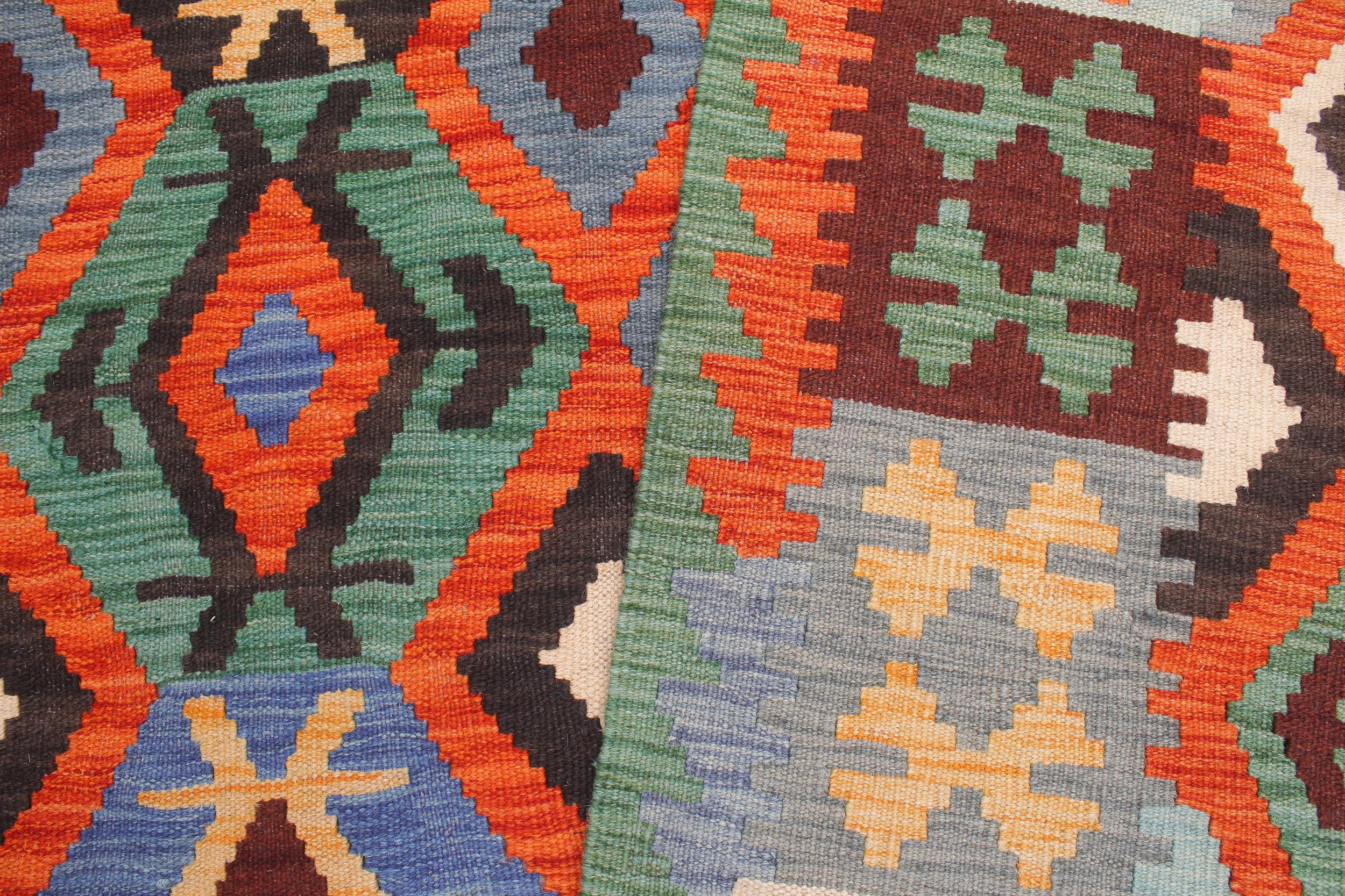 handmade Geometric Kilim Rust Blue Hand-Woven RECTANGLE 100% WOOL area rug 7 x 10