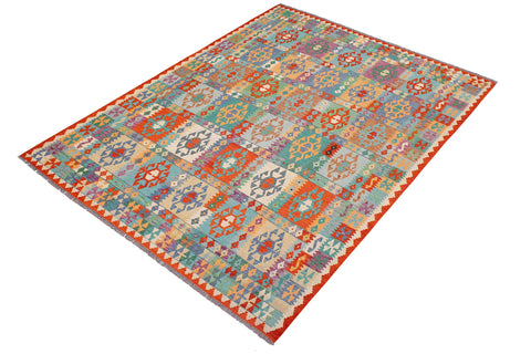 handmade Geometric Kilim Blue Rust Hand-Woven RECTANGLE 100% WOOL area rug 8 x 10