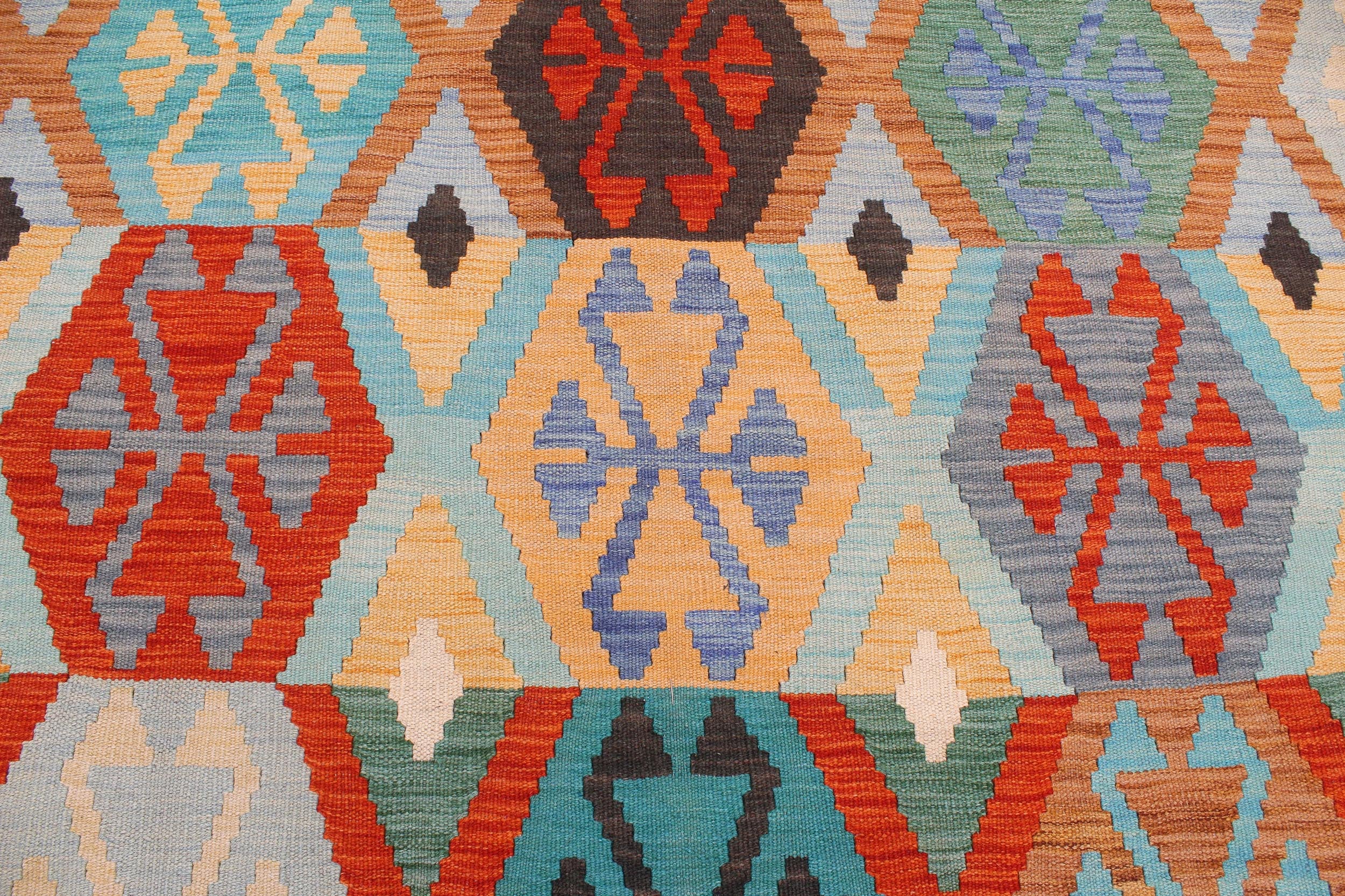 handmade Geometric Kilim Rust Blue Hand-Woven RECTANGLE 100% WOOL area rug 8 x 10